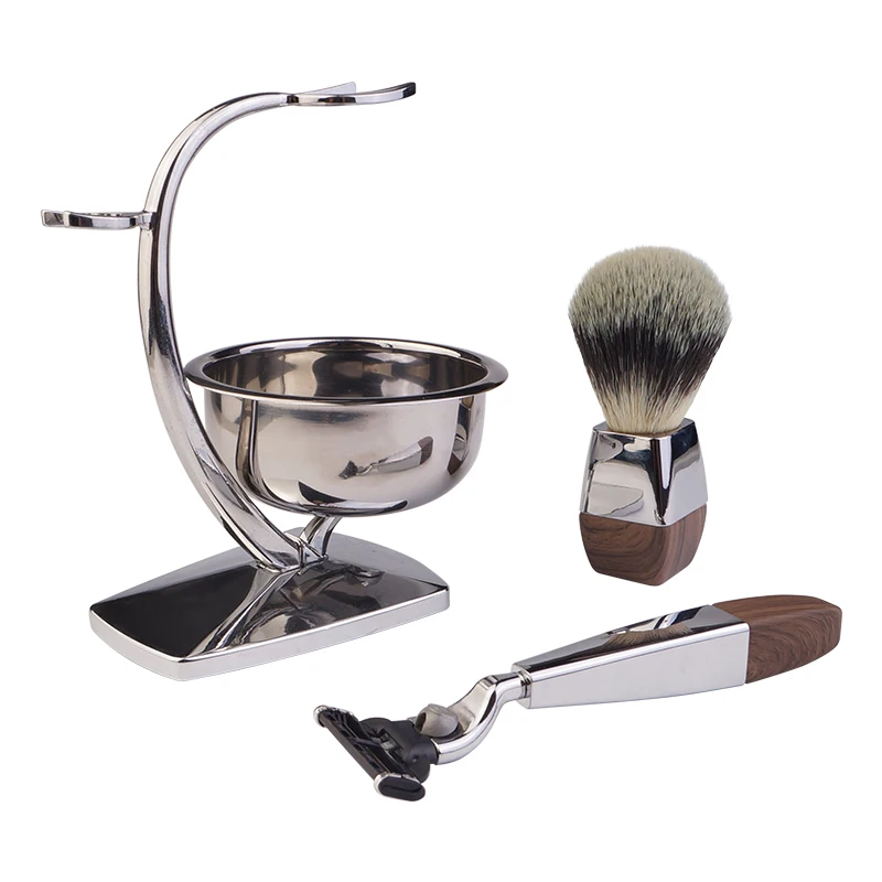 High Quality Badger Hair Shaving  Brush，  Shave Stand and 3 Blade Razor Metal Men shaving set for men shave