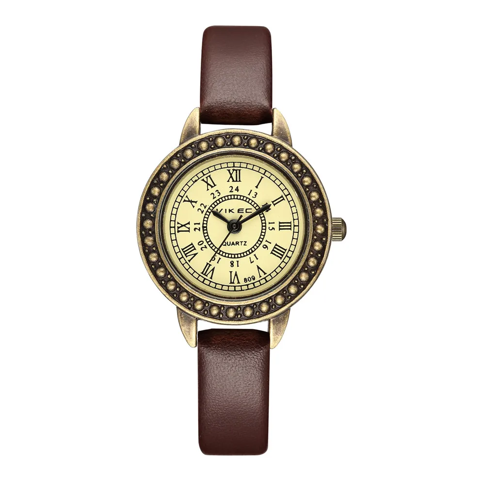 Vintage women leather watch slim PU leather Roman scale quartz watch