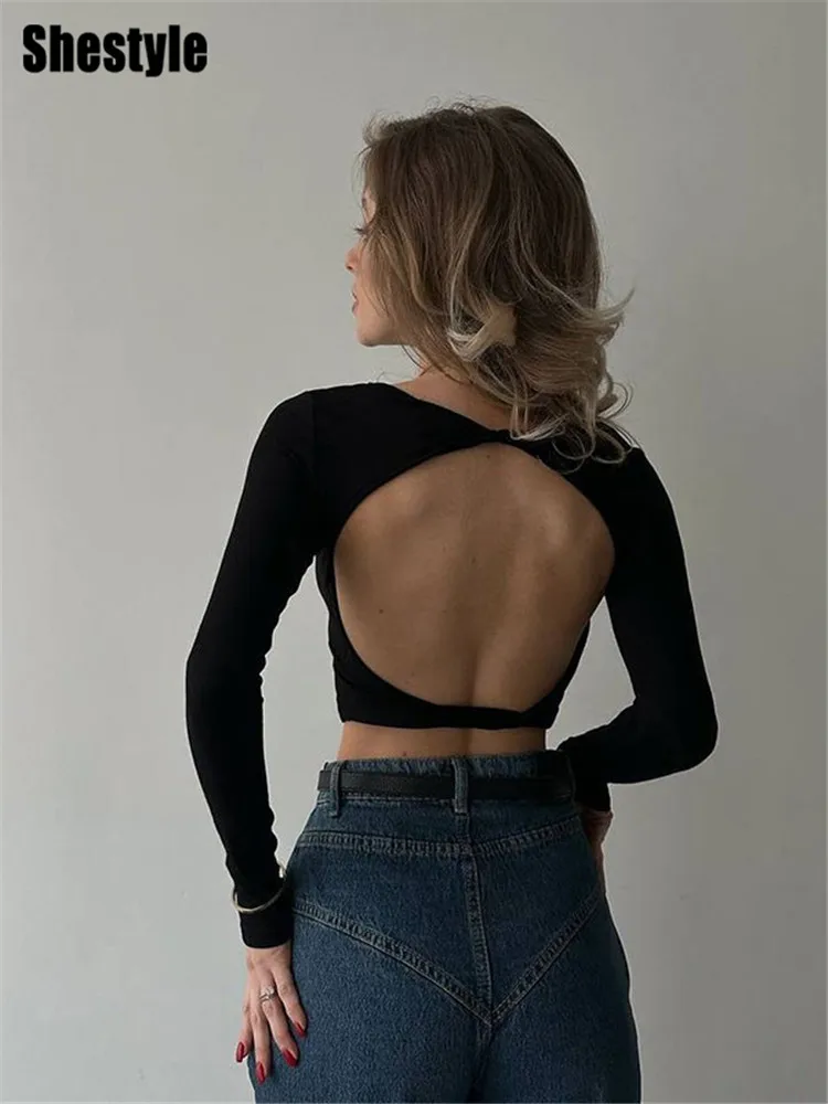 Shestyle Backless Black Solid T-Shirt Women O-Neck Crop Tops Long Sleeve Navel Slim Cute Streetwear Jazz Tees Autumn Cool New