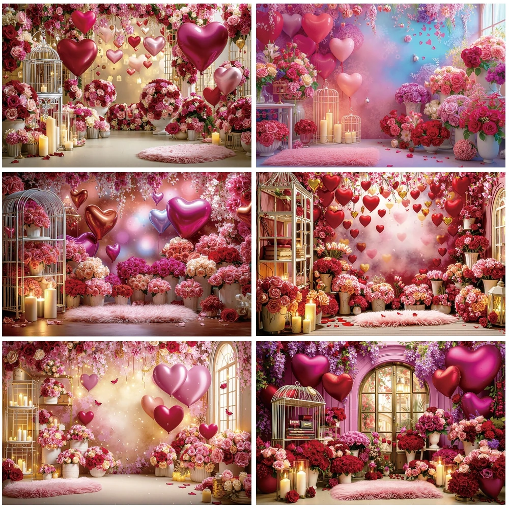 

MOON.QG Valentine's Day Backgrounds For Photographs Heart Balloon Flower February 14 Backdrop Girl Accessories Booth Photocall