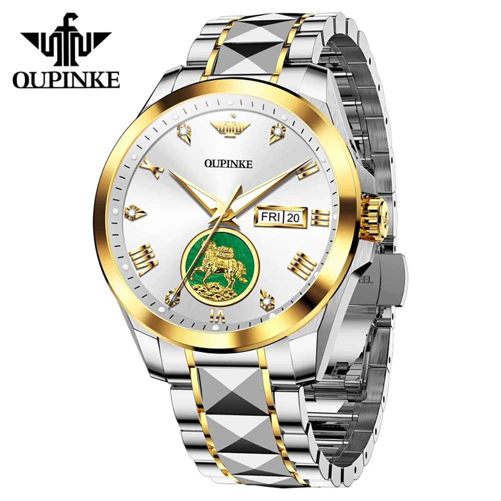 OUPINKE 3331 Luxury Men Automatic Mechanical Watch Dual Calendar Waterproof Stainless Steel Gold Horse Carving Business Clock