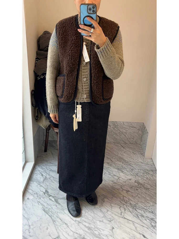   Damska futrzana kamizelka na zamek błyskawiczny, luźna, uniwersalna, ciepła, okrągły dekolt, odzież wierzchnia, materiał welurowy.