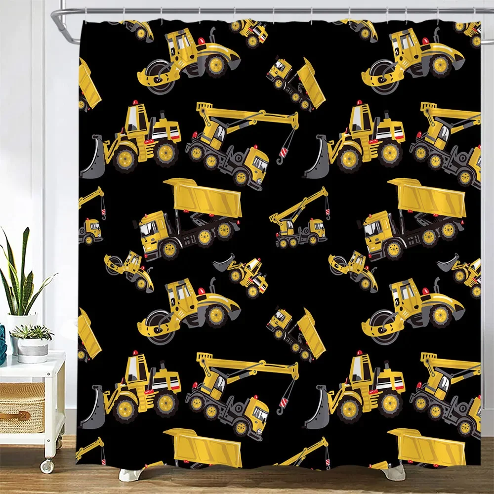 Cartoon Shower Curtain Yellow Project Car Kids Bath Curtains Modern Children Polyester Fabric Home Bathroom Decor with Hooks