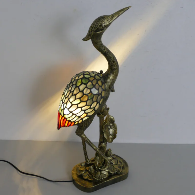 

Nordic retro stained glass Tiffany crane table lamp bedroom cafe ornament decorative table lamp