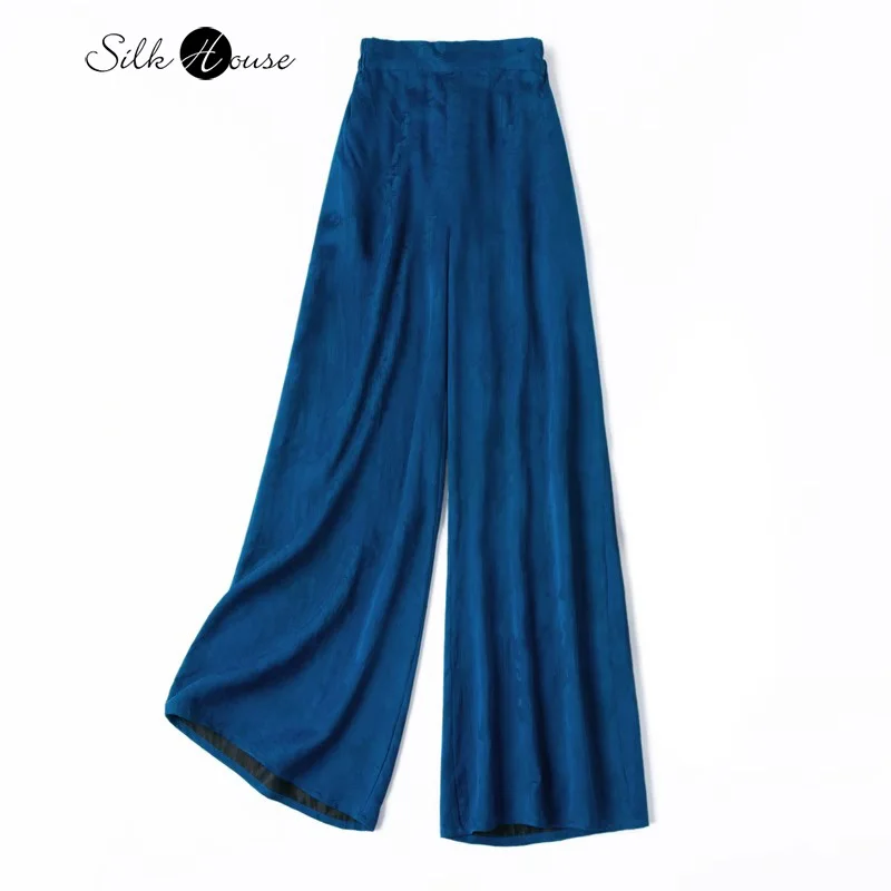 

2024 Women's Fashion Summer New 24MM 100%Natural Mulberry Silk Jacquard Gambiered Guangdong Gauze Deep Royal Blue Wide Leg Pants