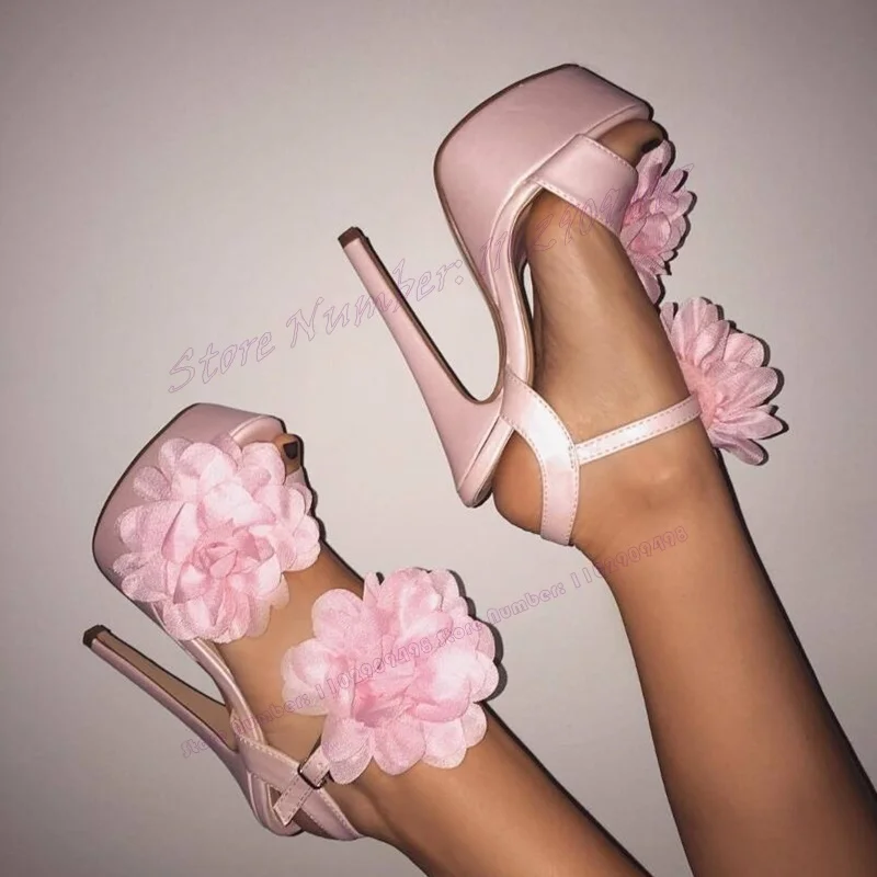 

Pink Flower Decor Platform Sandals Back Strap Open Toe Shoes for Women Matte Leather High Heels Shoes 2023 Zapatos Para Mujere