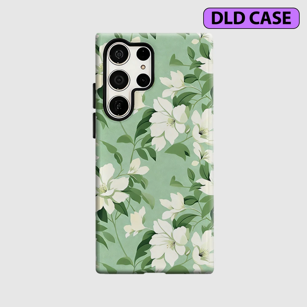 Fresh White Floral Phone Case for Samsung Galaxy S26 S25 Ultra S24 S23 Ultra Plus Shockproof Double Layer Tough Back Cover