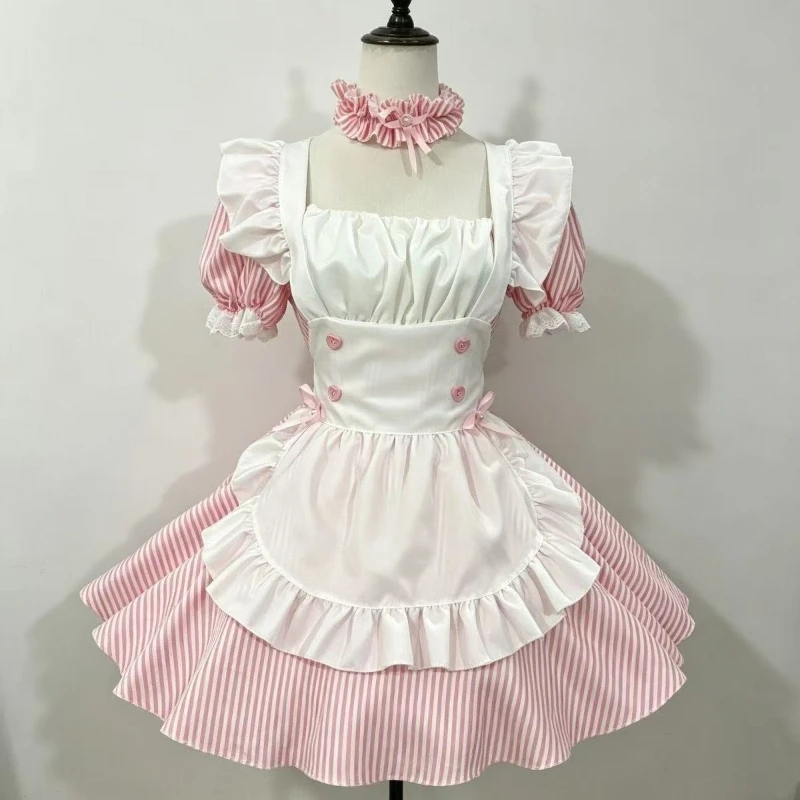 Japanese Lolita Short Sleeve Dress Strip Button Patchwork Y2k Vintage Mini Dress Women Sweet Bodycon A-Line Square Neck 2026