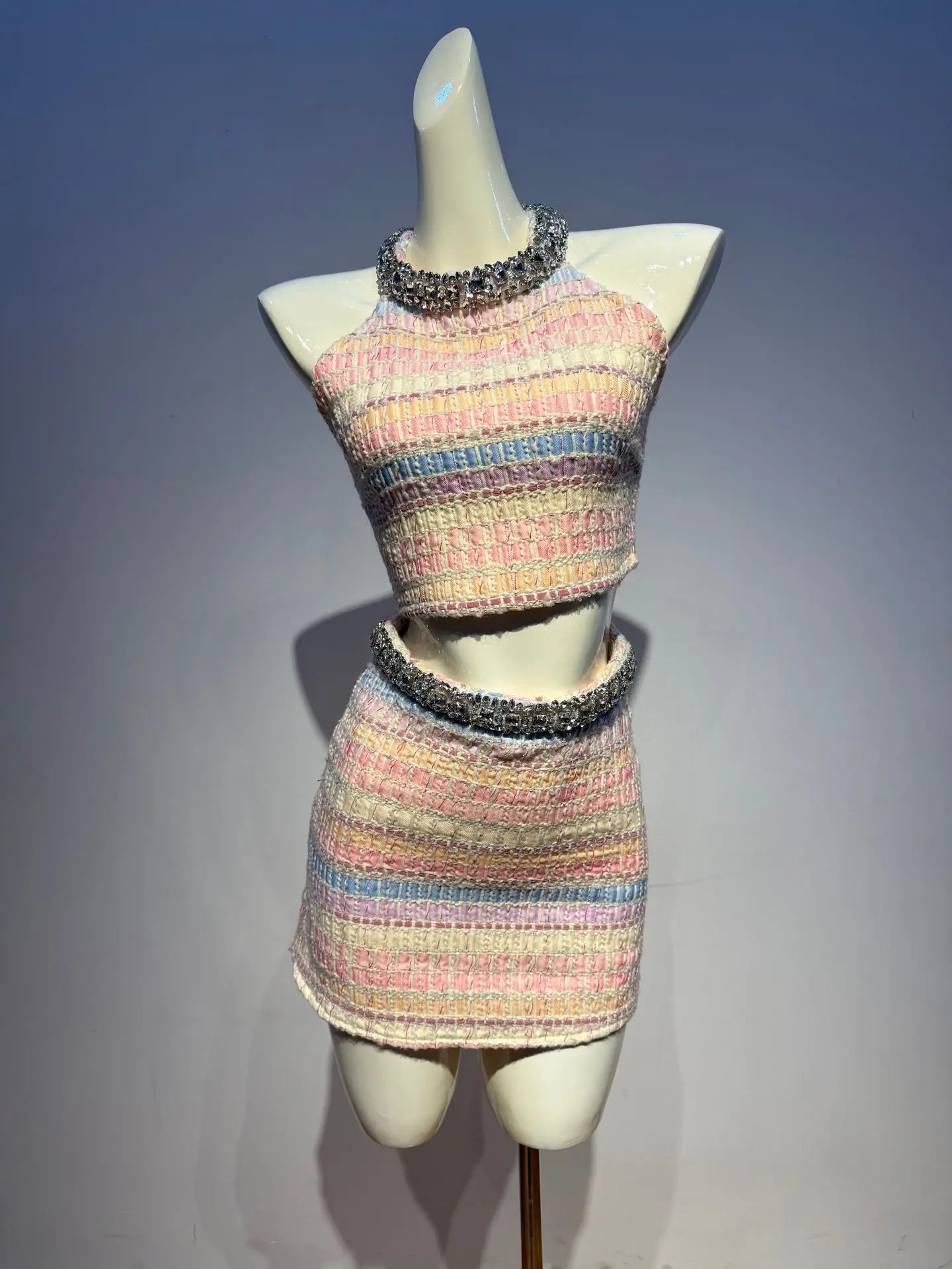 

2026 Women Summer Sexy Sleeveless Diamonds Knitted Multi Two Pieces Skirt Bandage Set Celebrity Designer Fashion Women's Set