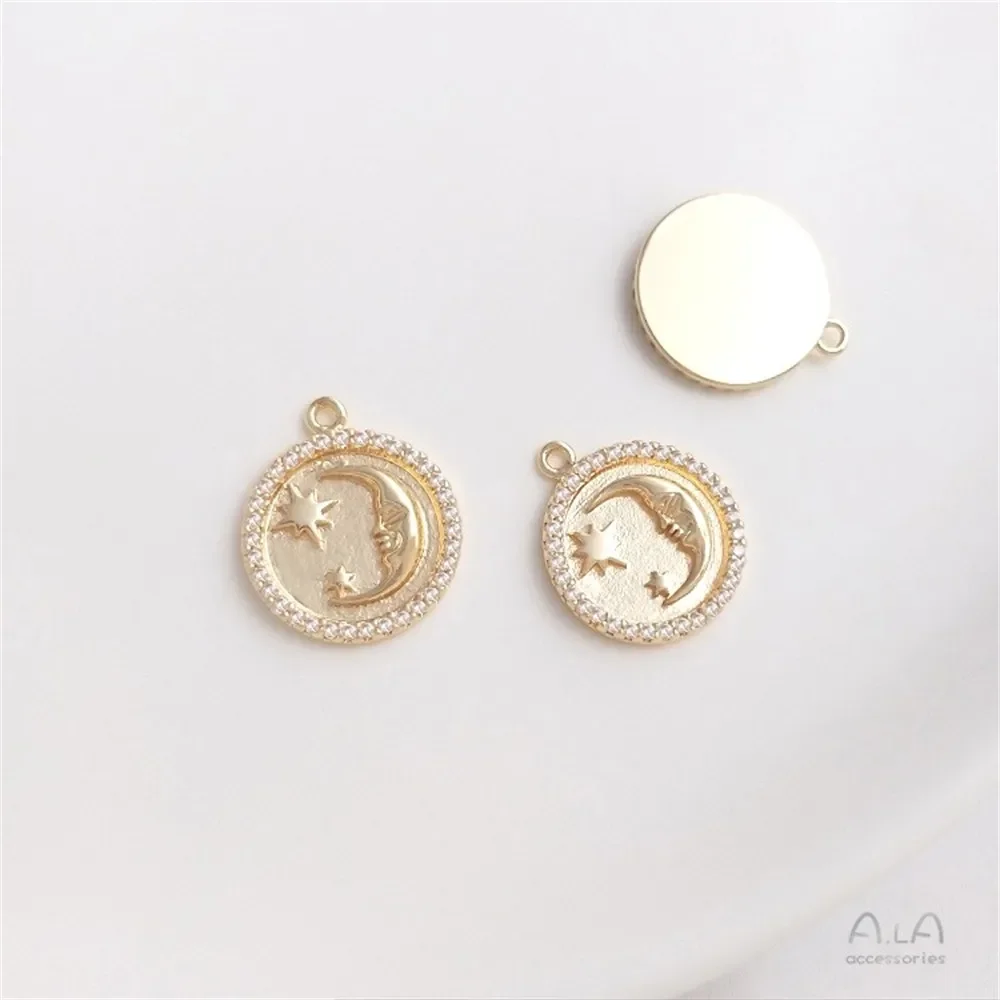 Micro Inlaid Zircon 14K Gold Wrapped Moon Sun Round Card Planet Galaxy Pendant DIY Necklace Earring Charm Pendant K457