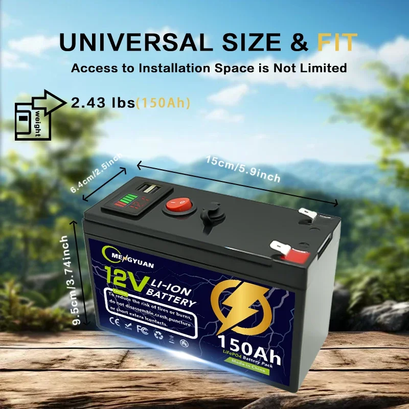 12V 150Ah Lithium Rechargeable LiFeP04 Battery Deep Cycle for Solar Power,UPS,Scooters,Power Wheels,Fish Finder,Built-in BMS🔧