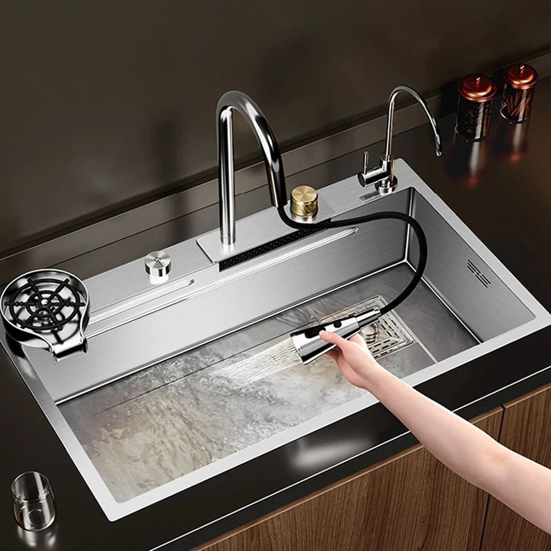 

Silver Premium Stainless Steel Sink 3mm Nano Waterfall Faucet Sink Kitchen Cup Washer Large Single Slot Vegetable Washing Basin