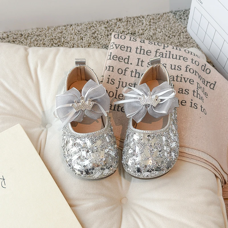 Autumn Girl's Princess Shoes Rhinestone Crown Luxury Children Dress Shoe Sliver Party-perfect Non-slip Kids Mary Janes 23-35
