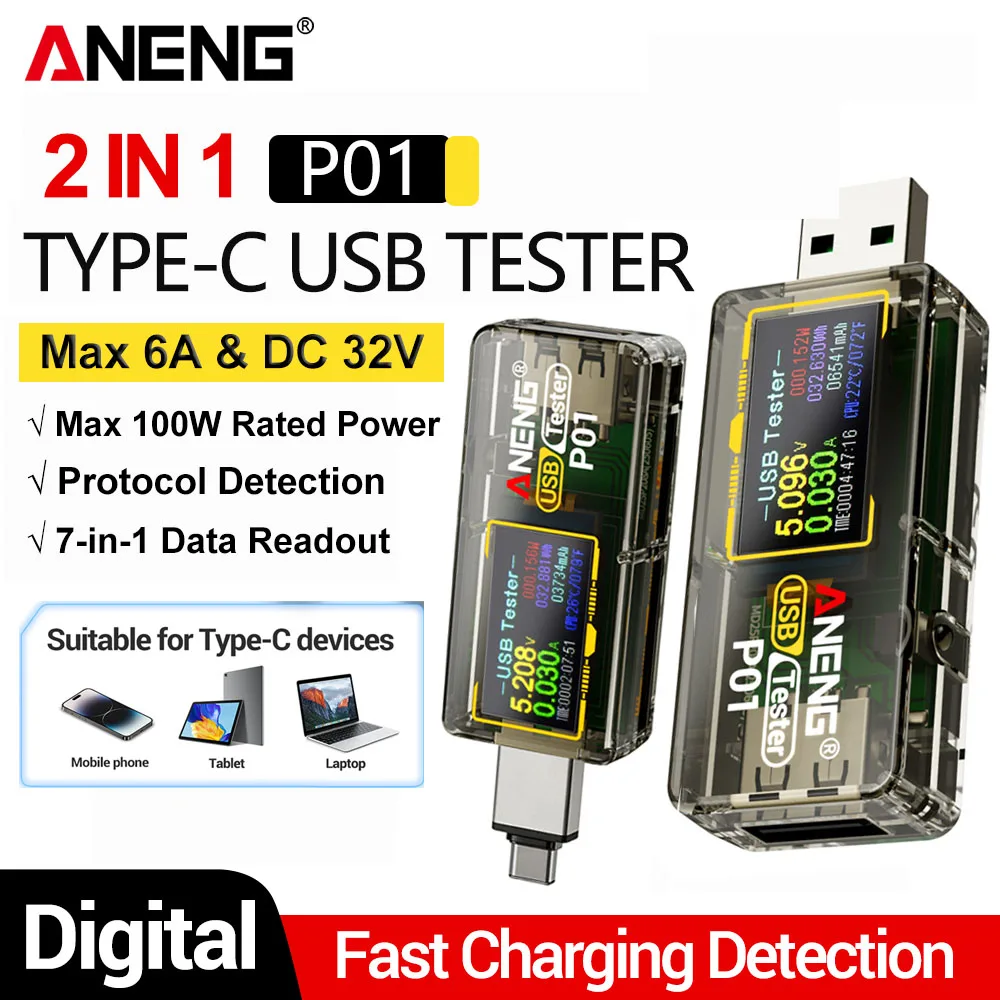 ANENG P01 2-in-1 Typ-C USB-Tester 6A Digitales Voltmeter Strommessgerät …