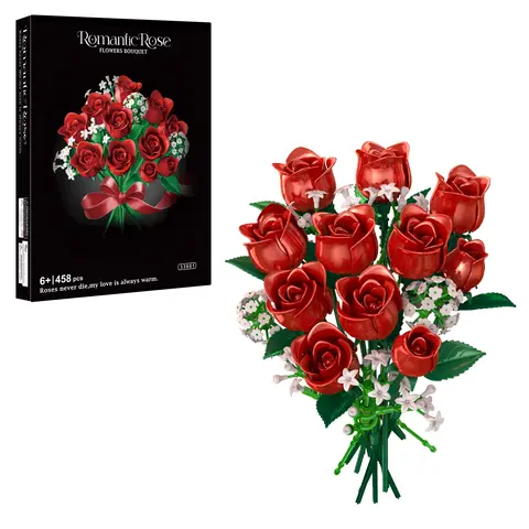 Vinröda blommor bukett byggkloss set konstgjorda botaniska rosor tegel samling rum heminredning halloween present för vuxna 10 best sales bukett tegelsten - №4