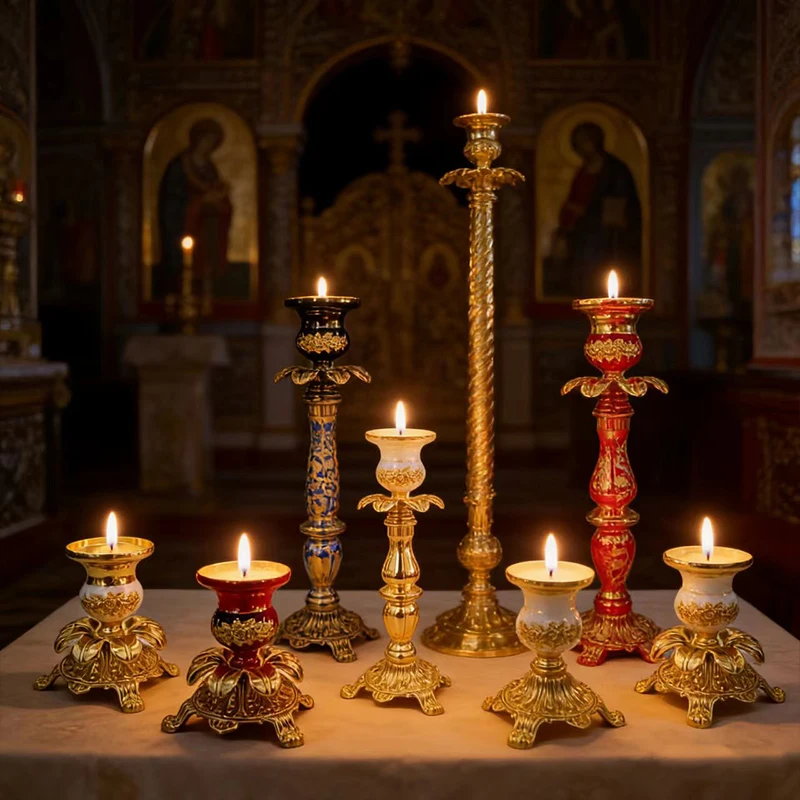 New Byzantine Gold Plated Orthodox Enamel Candlestick with Floral Carvings for Church Liturgy Home Altar Devotion Christian Gift