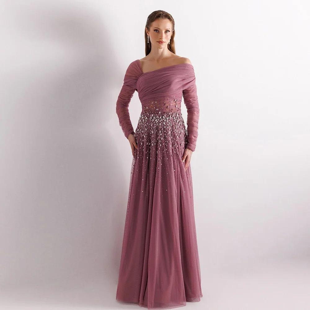 Classic Arabian Evening Dress Customized Long Sleeves Heavy Beading Sequined A Line Formal Occasion Dresses Arab Prom Gown