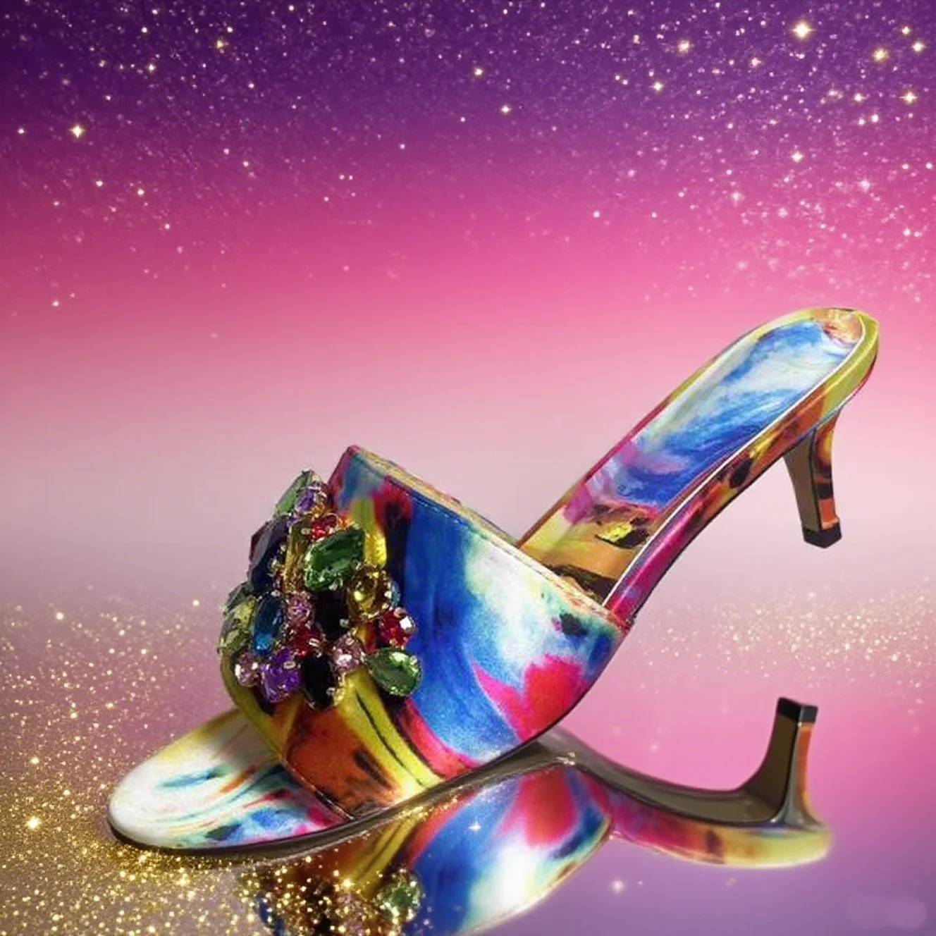 

Тапочки на высоком каблуке с кристаллами и 3D-принтом, модные летние женские модельные туфли без шнуровки, обувь ручной работы для подиума, разноцветные туфли