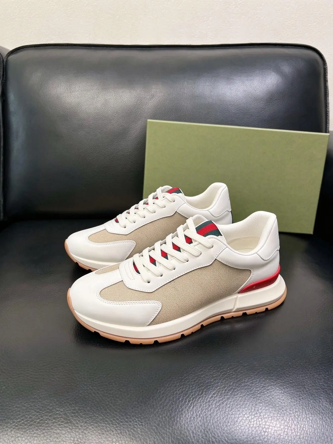 Unisex White Beige Patchwork Sneakers, Red Green Web Stripe Lace Up Low Top Gum Thick Sole Casual Walking Shoes view 2