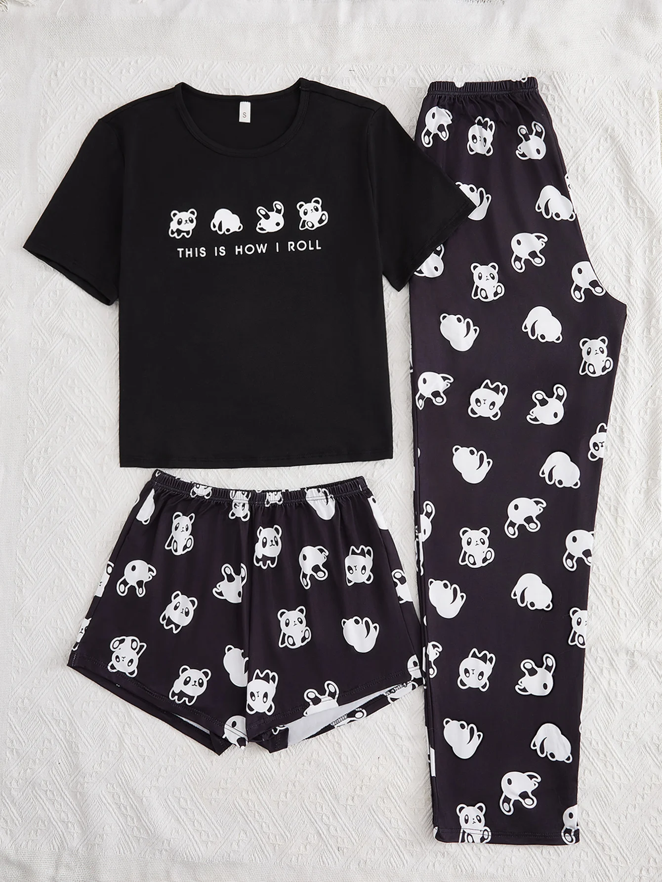 Traje de pantalón corto con estampado de panda para mujer, de tres piezas top de manga corta negro, ropa informal para el hogar de dibujos animados, nuevo estilo