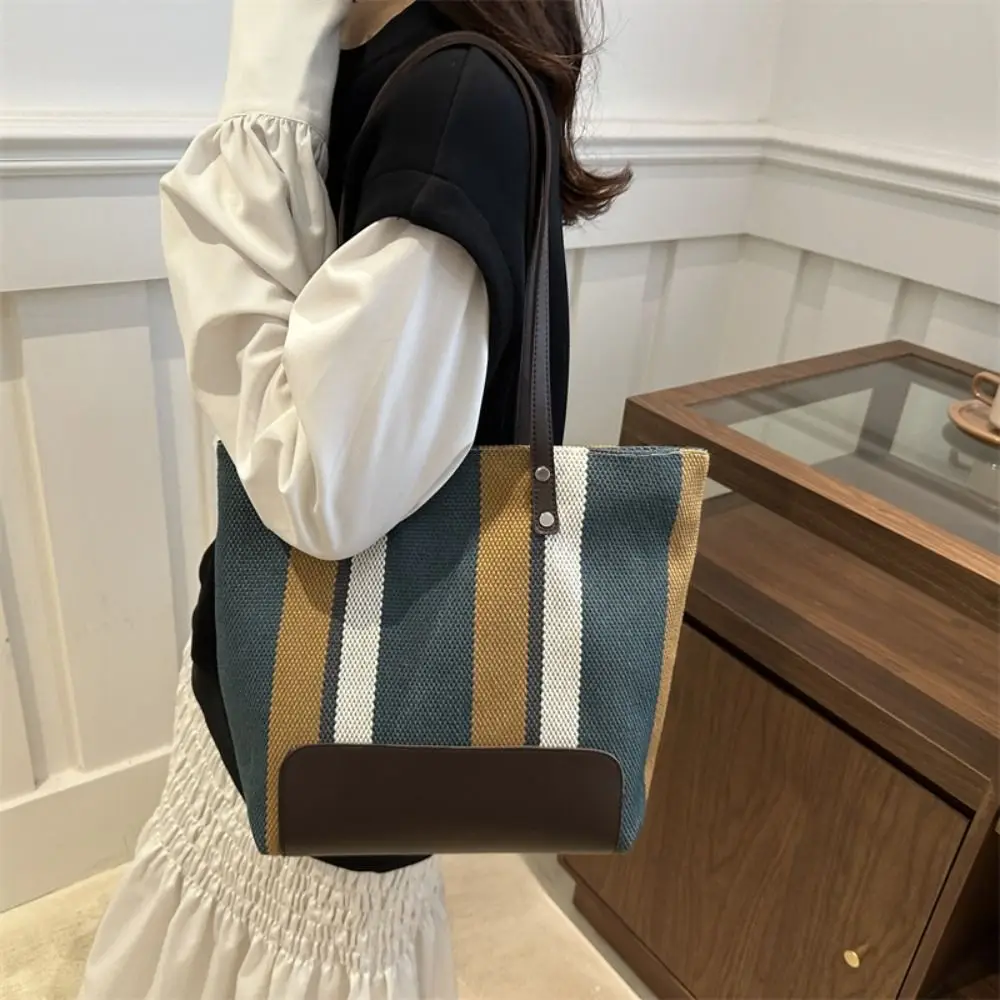 

New Canvas Stripe Tote Bag Commuting Large Capacity Underarm Shoulder Bag Versatile Casual Women's Bags