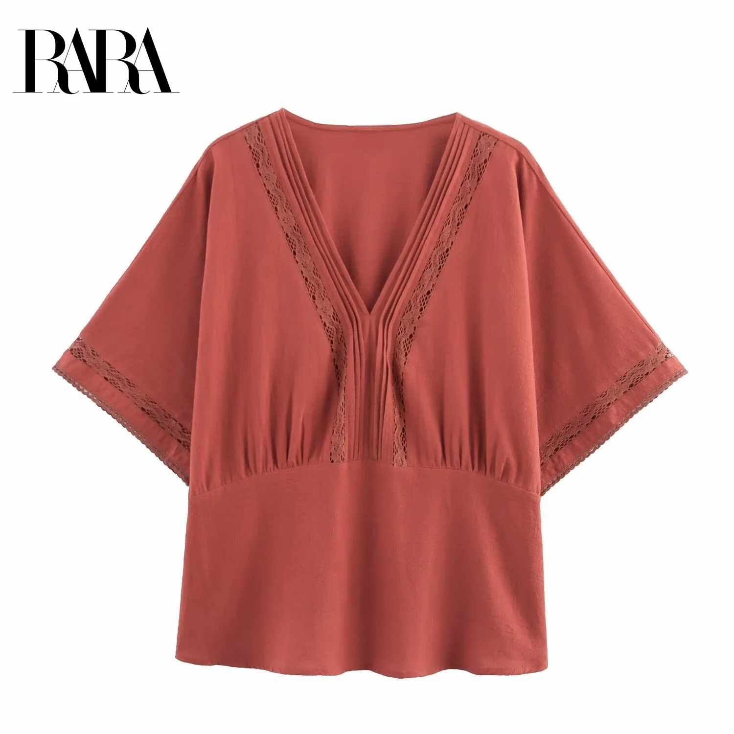 

RARA Women's Summer New Jacquard Hollow Out Decorated Casual Elegant V Neck Five Sleeve Linen Blend Shirt