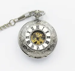 Luxury Steampunk Mechanical Pocket Watch for Men Ladies Sliver Skeleton Dial Fob Chain Pendant Clock for Man Collection Gifts