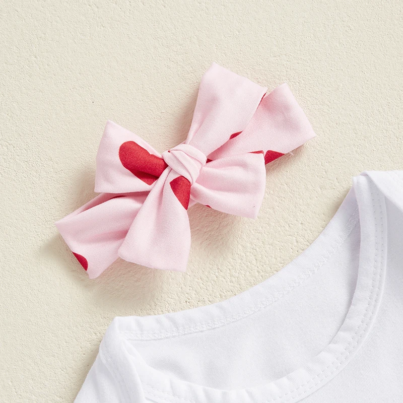 Description Picture 5 of itemBaby Girls 3PCS Pants Sets Flying Sleeve O Neck Letter Print Romper Heart Print Pants Headband Sets