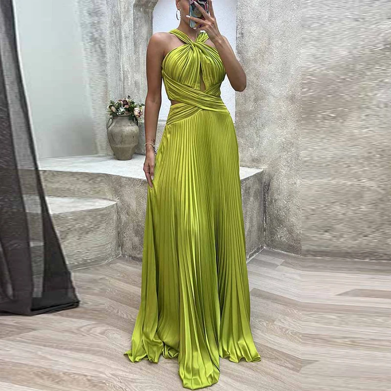 Fashion Banquet Halter Hollow Out Party Dress Women Temperament High Waist Slim Maxi Dress Elegant Sexy Pleated Slit Long Dress