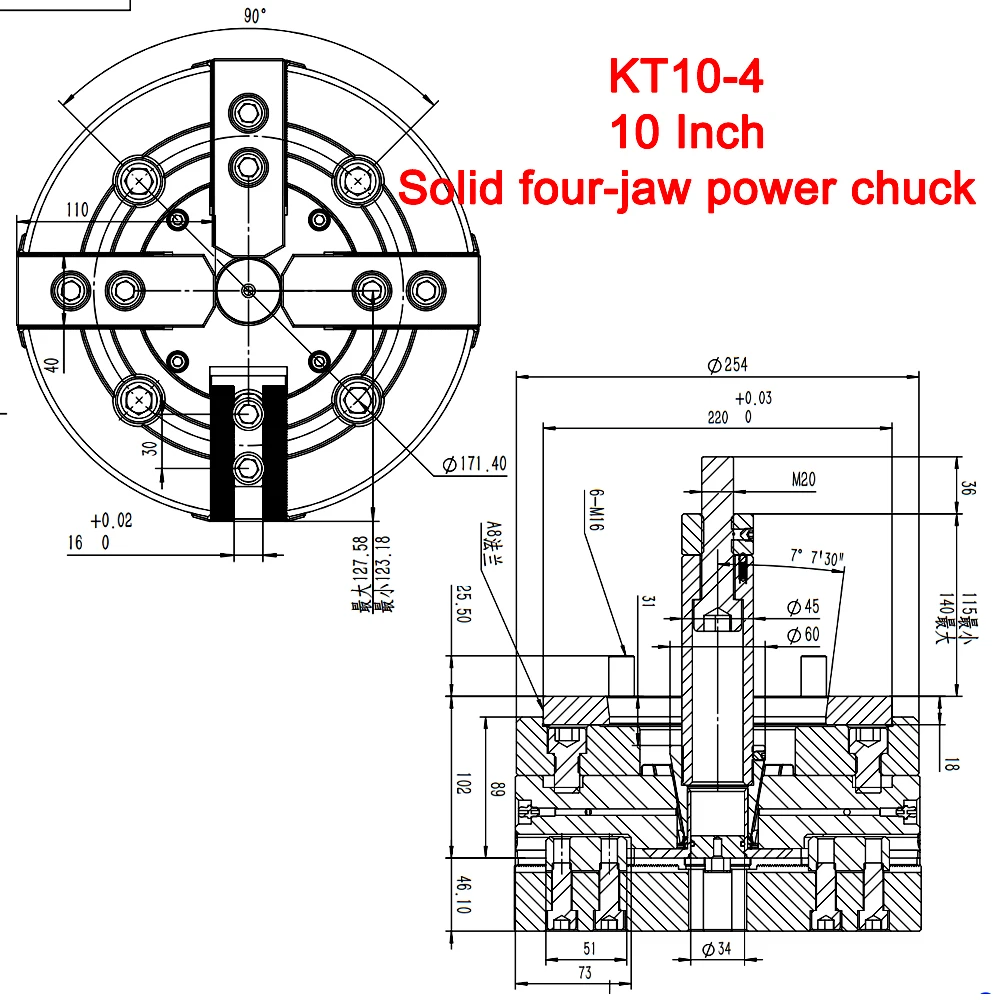 10 Inch 254mm Solid Hydraulic Power Chuck 4 Jaw Oil Pressure Chuck For Mechanical CNC Lathes With A8 Flange High Precision Chuc