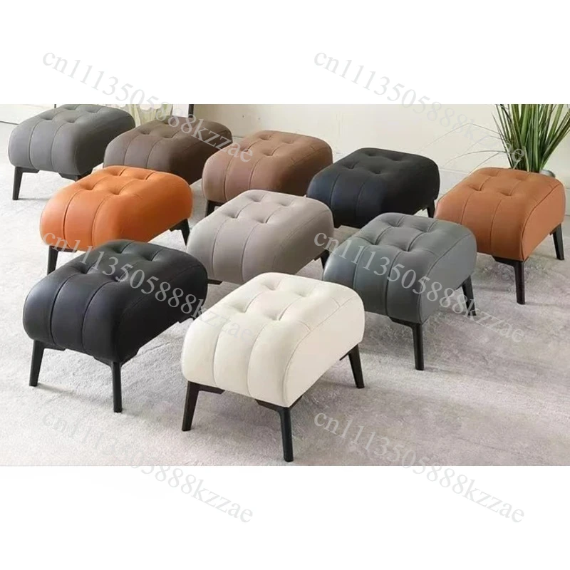 Light Luxury High-End Real Leather Stool Soft Padded Coffee Table Sofa Stool Sturdy Compact Home Furniture