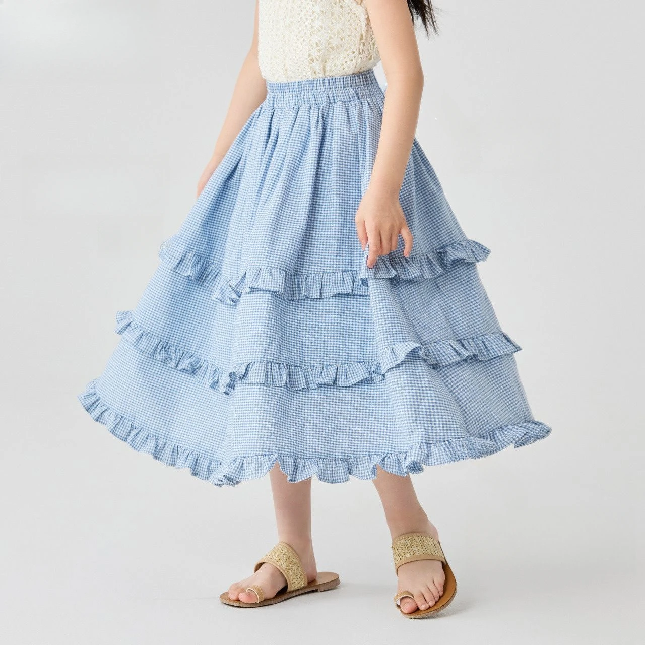 Kids Girls Blue Cake Dress 2025 New Arrival Children Casual Ruffle Dresses Summer Casual Plaid Cotton Dress Lorean Style