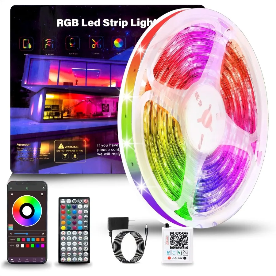 침실용 LED 조명 50피트 1롤 색상 변경 RGB LED 스트립 조명 (60키 리모컨 및 앱 제어, 음악 동기화 기능 포함)