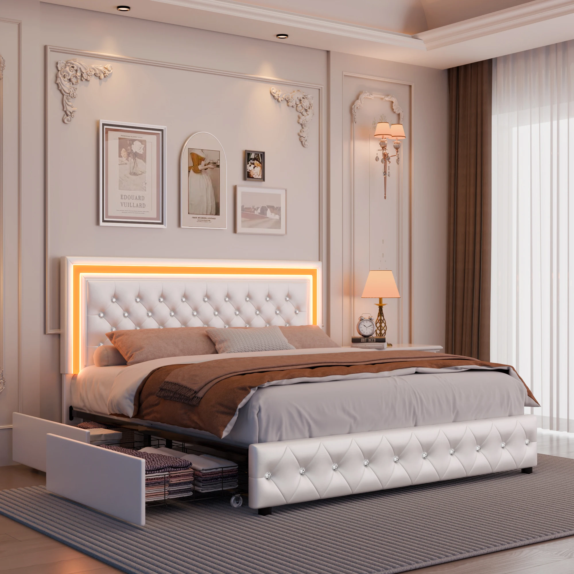 هيكل سرير بمنصة LED من GEGOFORU مع 4 مساحة تخزين، جلد PU، بدون صندوق زنبركي، سهل التجميع، سعة 900 رطل