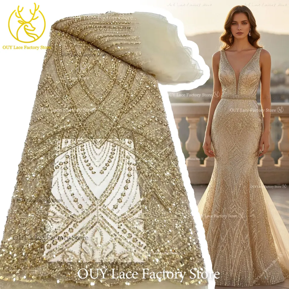 gold lace fabric for dresses African Golden Bead 5 Yards 120cm Wide transparent gold lace