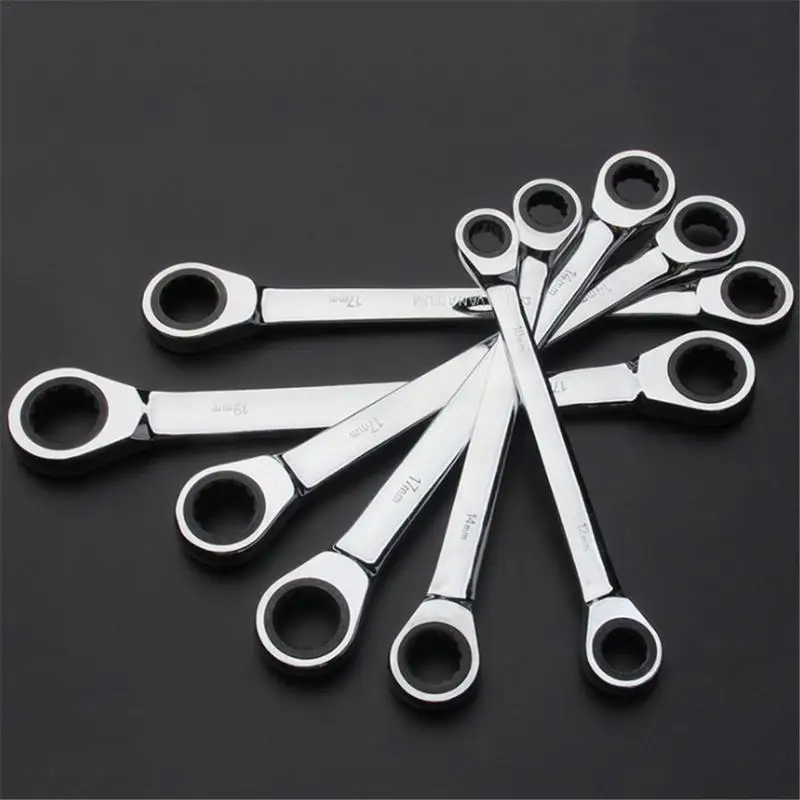 Chrome Vanadium Ring Double Head Ratchet Wrench Reversible 8-10-12-14-17-19mm Ratchet Combination Spanner Set