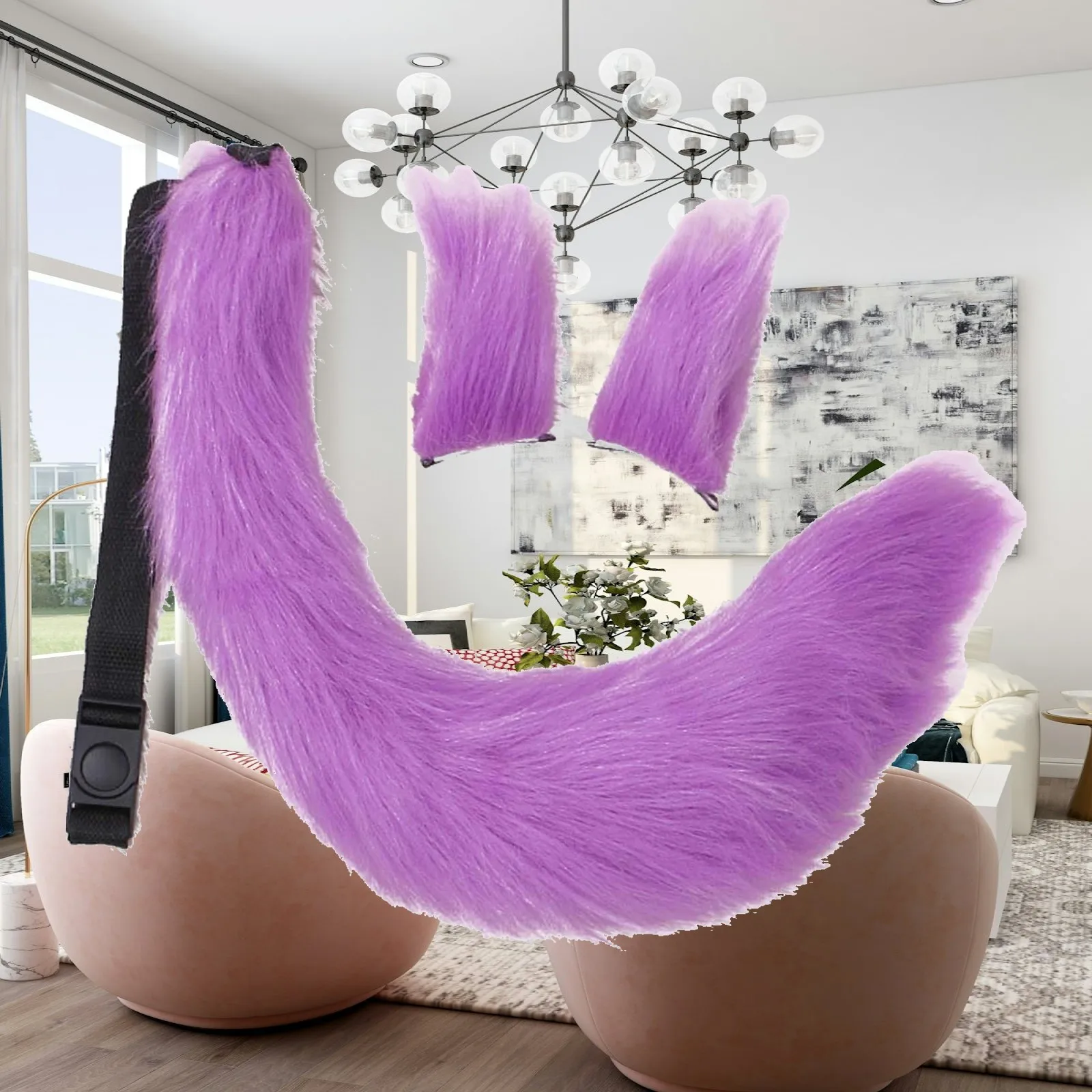 3Pcs Plush Ears and Tail Set Cosplay Headband Faux Wolf Ears Adjustable Headwear