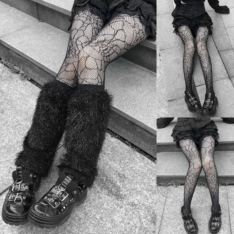 Gothic Punk Women Black Mesh Fishnet Pantyhose Spider Web Patterned Tights Stockings Lingerie Halloween Fancy Dress Costume