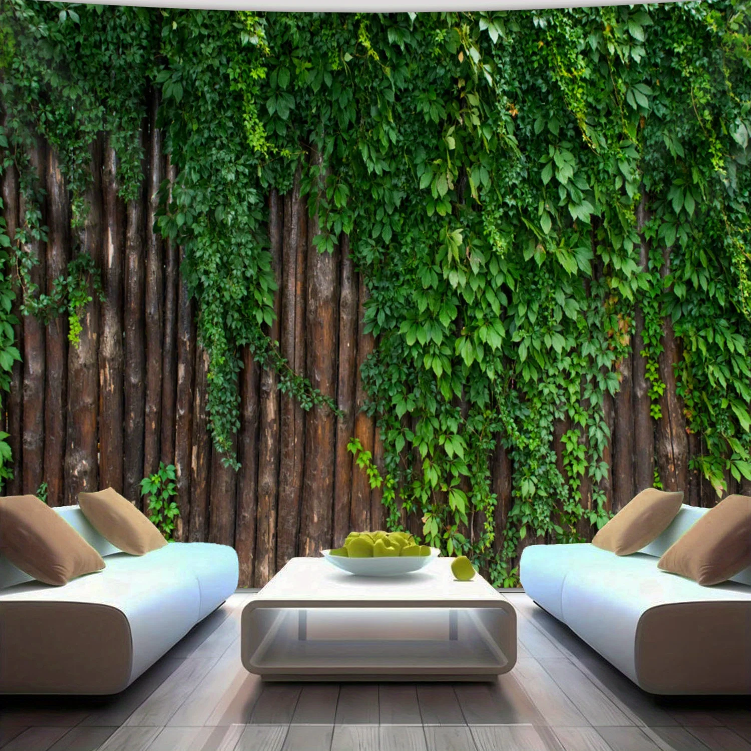Soothing Indoor Oasis Living Room with Lush Greenery and Wooden Wall Design, Featuring Comfortable Seating Arrangements