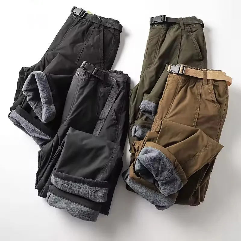 

New Winter Waterproof Tooling Pants Thick Warm Fleece Cargo Pants Men Outdoor Multi-pocket Loose Straight Workwear Long Trousers