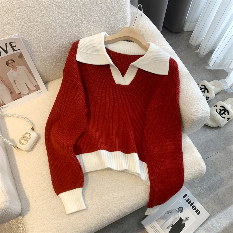 Navy collar red front shoulder knitted sweater with contrast stitching 2024 autumn and winter women style loose and slim