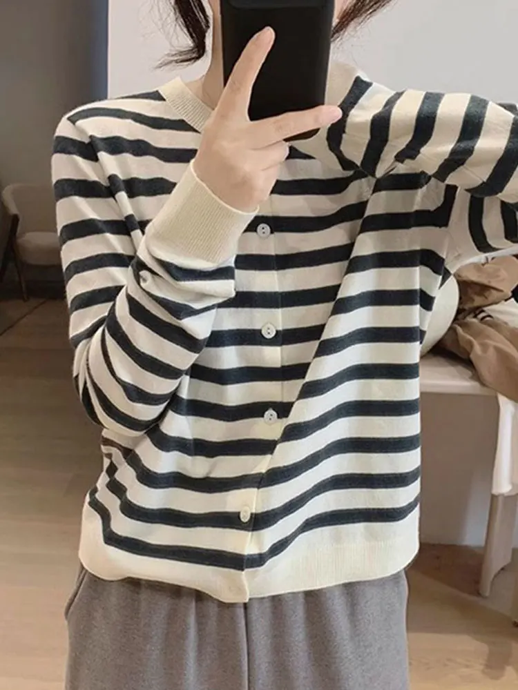 Ele minceur tricoté Cardigan Long Sve rond Ne décontracté rayé femmes haut trajet Sle Version coréenne hiver Faion