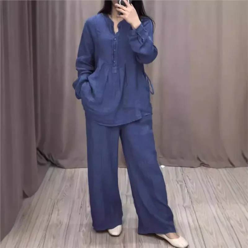 Women\'s Spring Fall 2 Piece Set Fashion Office Lady Cotton Linen Long-sleeve Casual Pleated Wide-leg Pants Suit Women Clothing