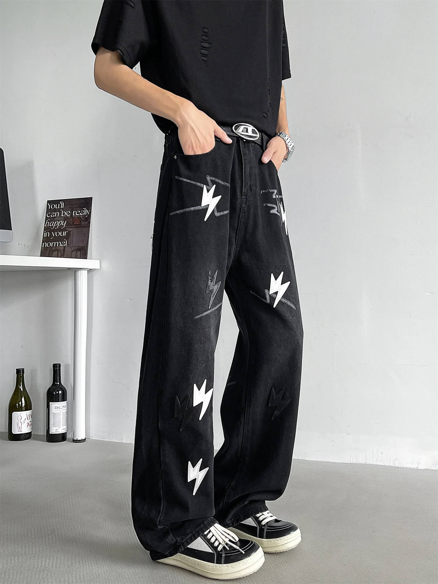 

Bla Embroidered Straight Leg Jeans Men's Street Hip Hop American High Street Trendy Brand Haome Flared Pants