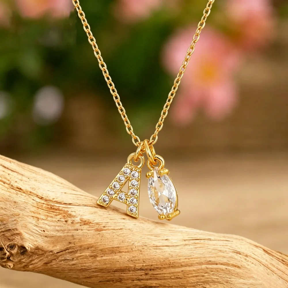 Fashion Zircon Alphabet Initial Pendant Necklace Set Gold Teardrop Water Drop Collar Necklace Western Light Luxury Jewelry Gift