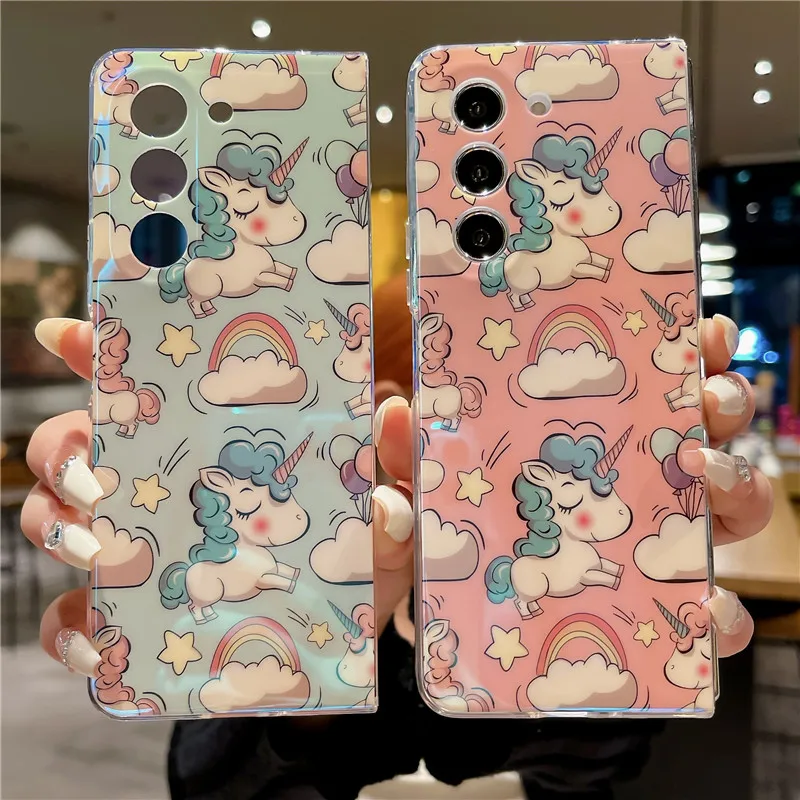 

Blu-ray Cartoon Unicorn Phone Case For Samsung Galaxy Z Fold 3 4 5 5G Protective Cover Fold5 Fold4 Shell