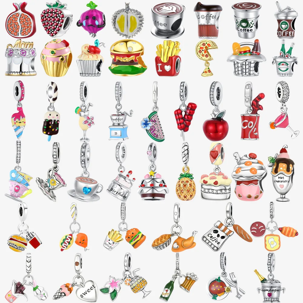 

Food & Drink 925 Sterling Silver Pizza Ice Cream Coffee Fruit Dessert Dangle Charms Fit Original Bracelet Beads Jewelry DIY Gift