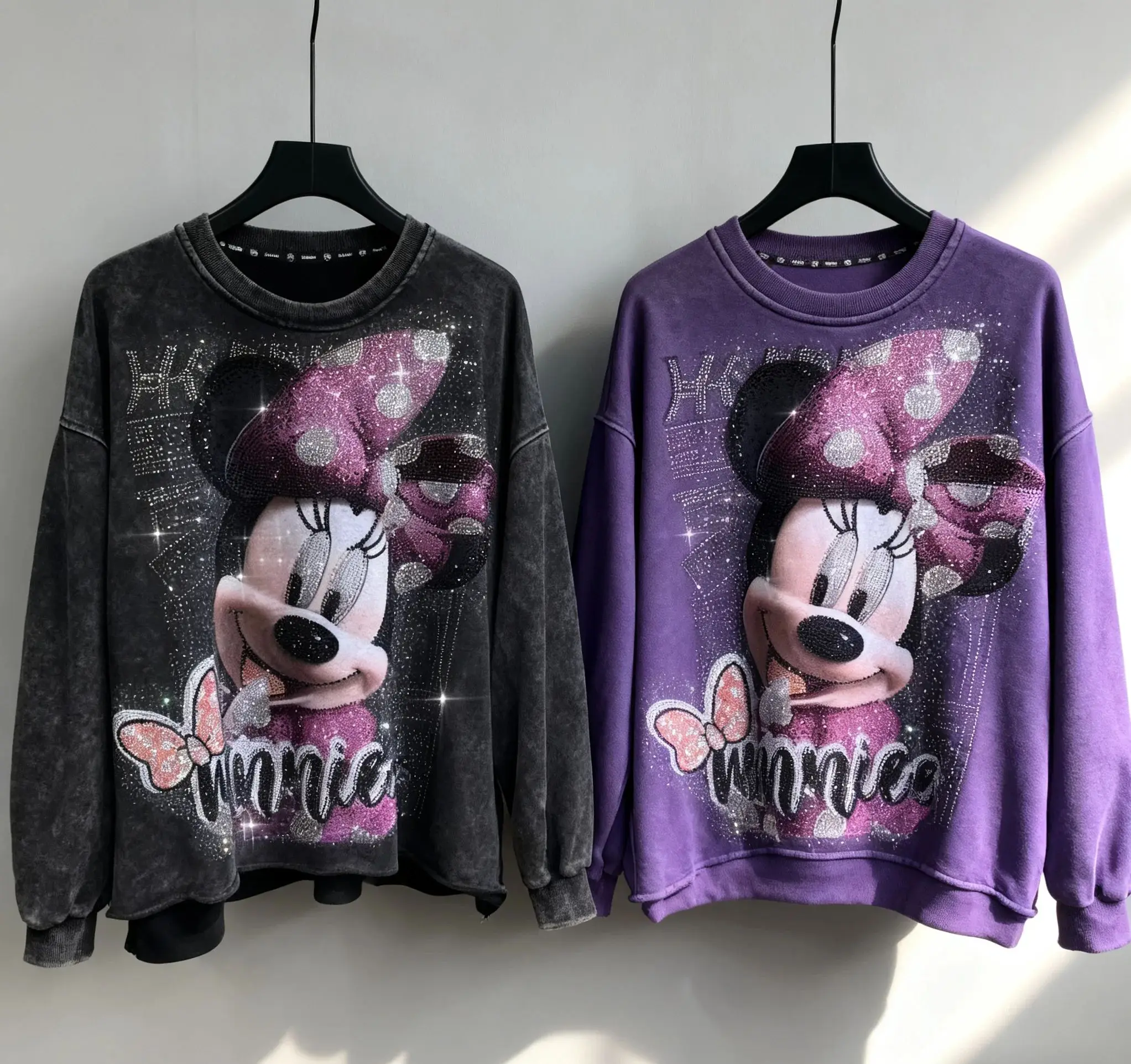 

High Quality Cute Mickey Hot Drilling Women Sweatshirt New Autumn Oversize O-neck Pullover Top Trendy Diamonds Cotton Hoodies