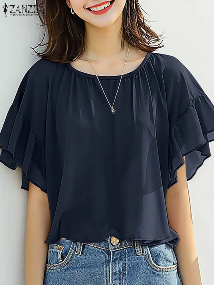 ZANZEA Summer Women Chiffon Blouse 2024 Korean Ruffle Short Sleeve Tops Shirt Chic Ruffle Hem Blusa Elegant Fashion Casual Tunic