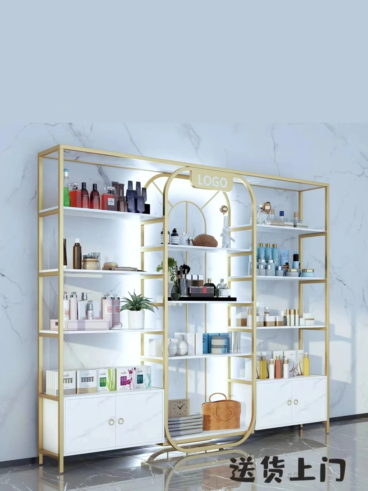 Customized beauty salon cosmetics display case with light shelving